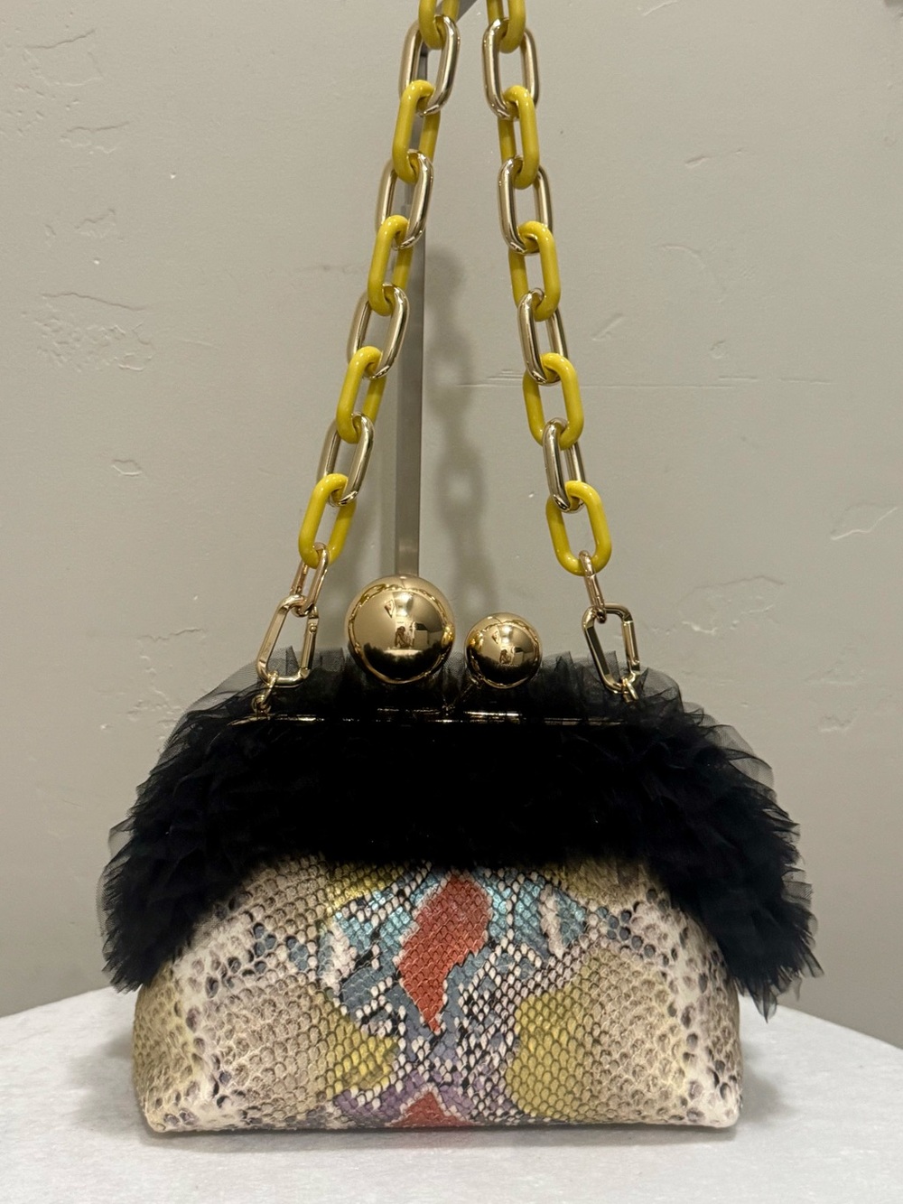 Snakeskin Embossed Leather Handmade “Super Ball” Kisslock With Lace Trim Bag